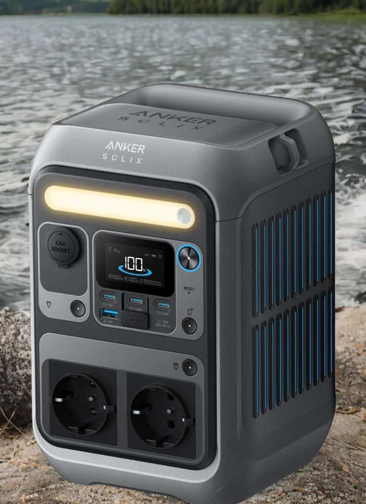 Anker SOLIX C300 am Seeufer mit aktiviertem Display