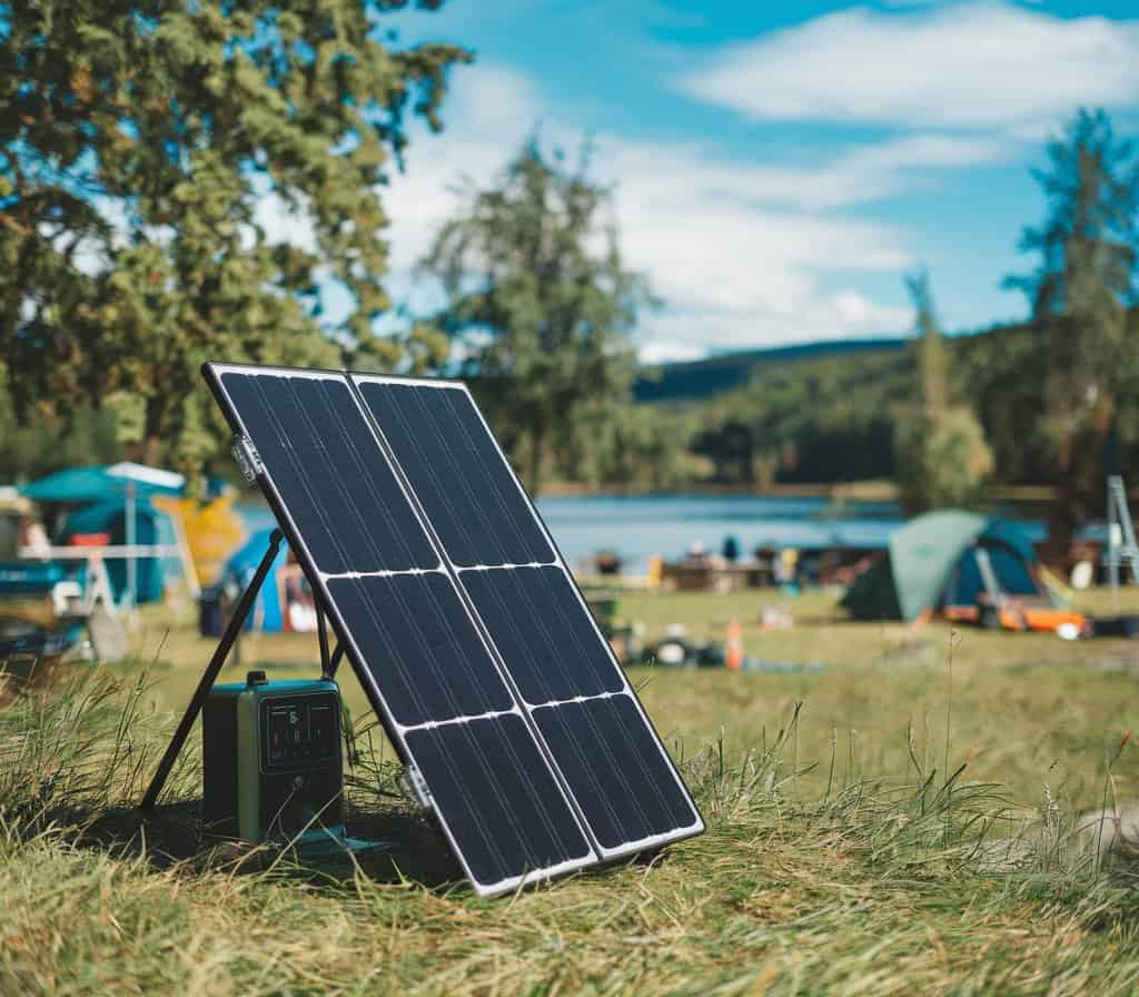 Faltbares Solarpanel auf dem Camping Platz am See