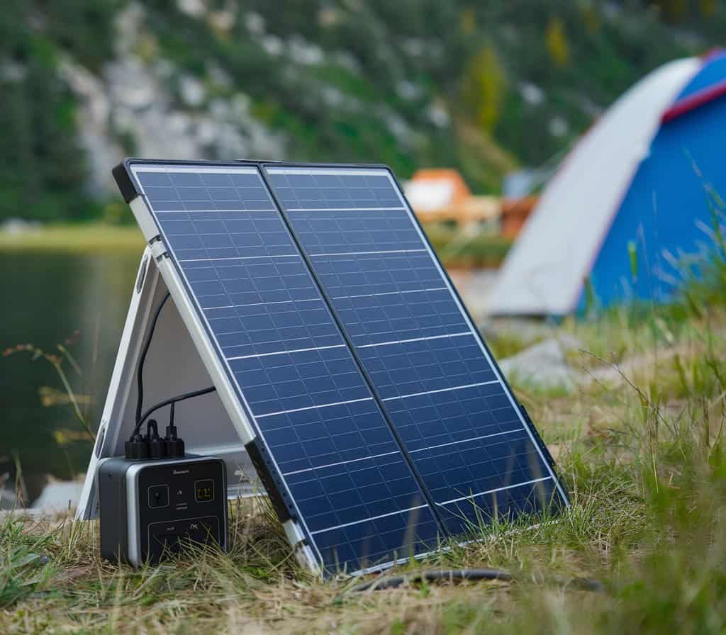 Faltbares Solarpanel auf dem Camping Platz am See