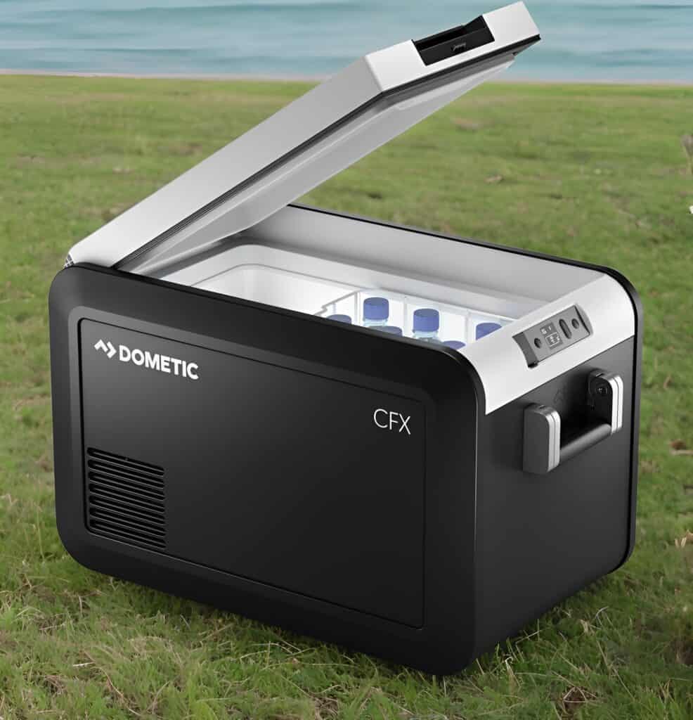 Dometic CFX3 35 Kompressor Kühlbox geöffnet auf Gras am Meer