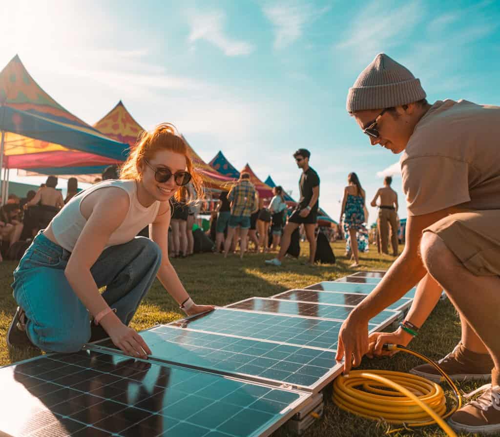 Zwei Personen installieren ein faltbares Solarpanel mit Kabeltrommel auf der Festivalwiese