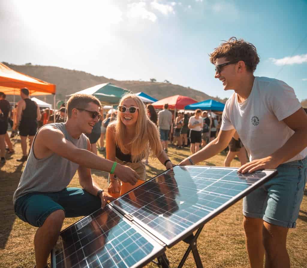 Drei junge Leute bedienen ein aufgestelltes Solarpanel auf einem Festival bei Sonnenschein