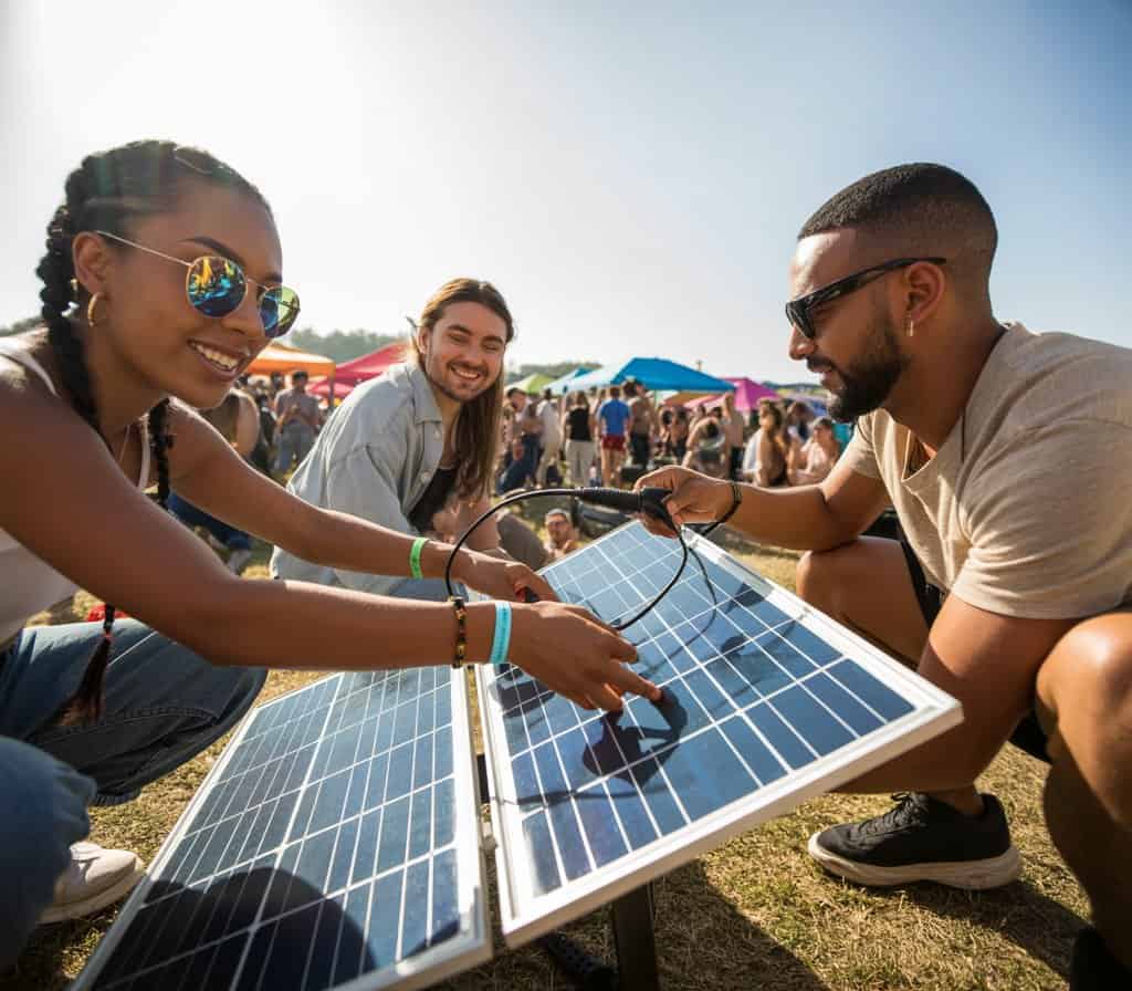 Drei Freunde installieren ein faltbares Solarpanel auf einem sonnigen Festivalgelände