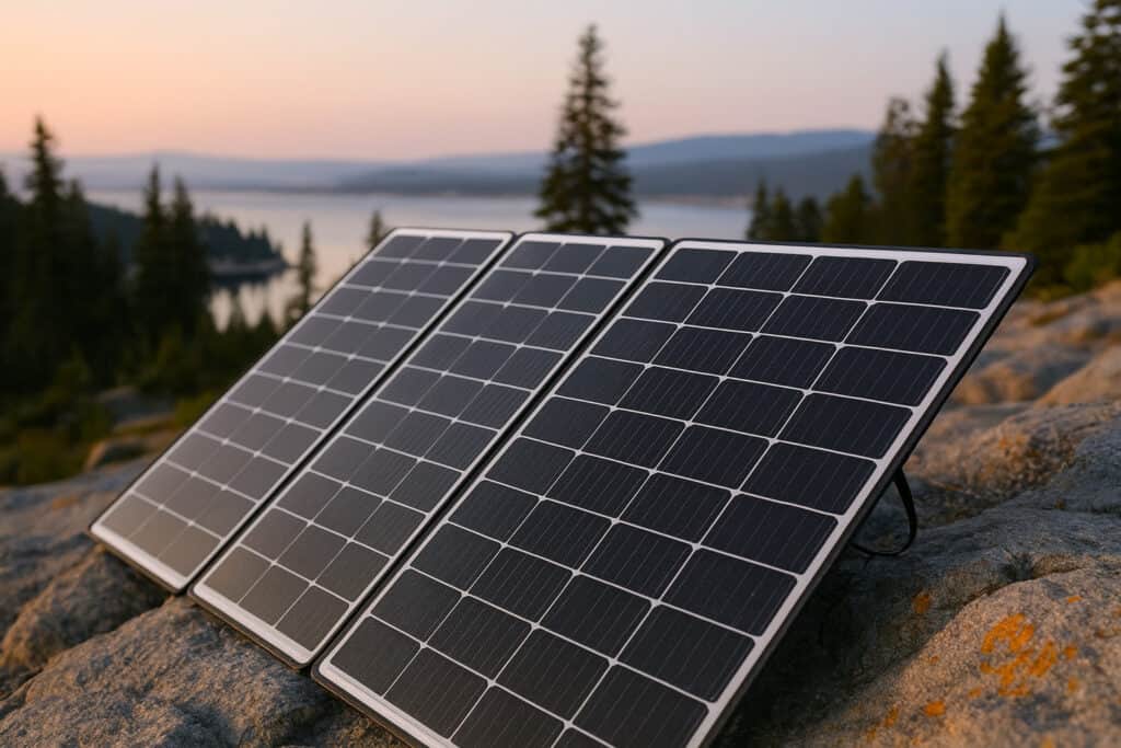 Faltbares Solarpanel beim Camping am Bergsee
