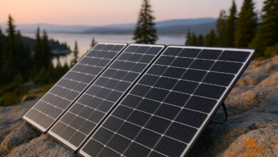 Faltbares Solarpanel beim Camping am Bergsee