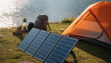 Faltbares Solarpanel neben Zelt am ruhigen Seeufer beim Camping