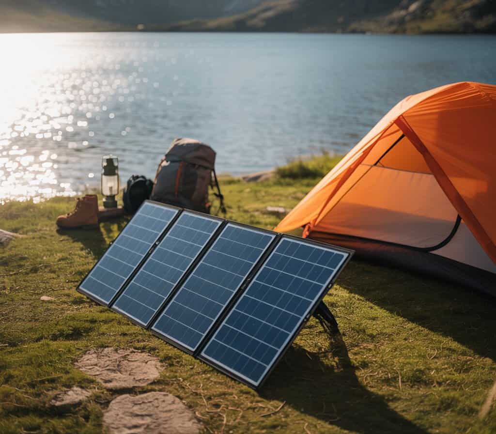 Faltbares Solarpanel neben Zelt am ruhigen Seeufer beim Camping