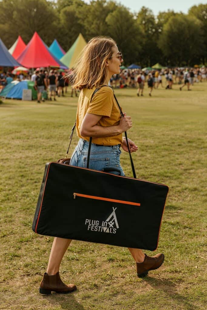 Frau trägt eine Transporttasche mit faltbarem Solarpanel auf einem Festivalgelände