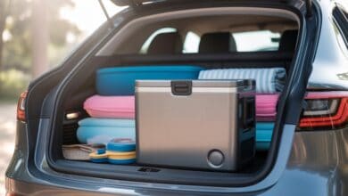 Graue Kühlbox im geöffneten Kofferraum mit bunten Camping-Utensilien