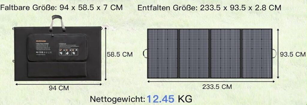 Größenvergleich MHPOWOS Solarmodul zusammengeklappt und ausgeklappt mit Maßangaben