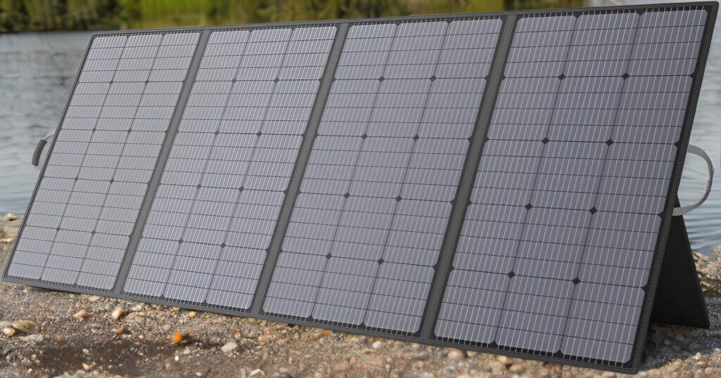 MHPOWOS 400W faltbares Solarmodul aufgestellt am Kiesstrand mit Wasser im Hintergrund