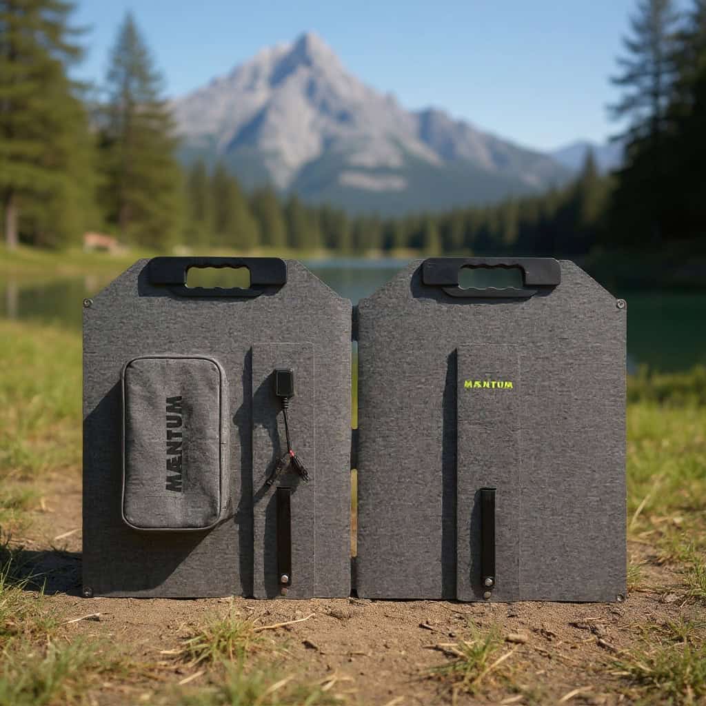 In Tasche eingepackte Maentum Solarpanels mit Logo vor beeindruckender Bergkulisse