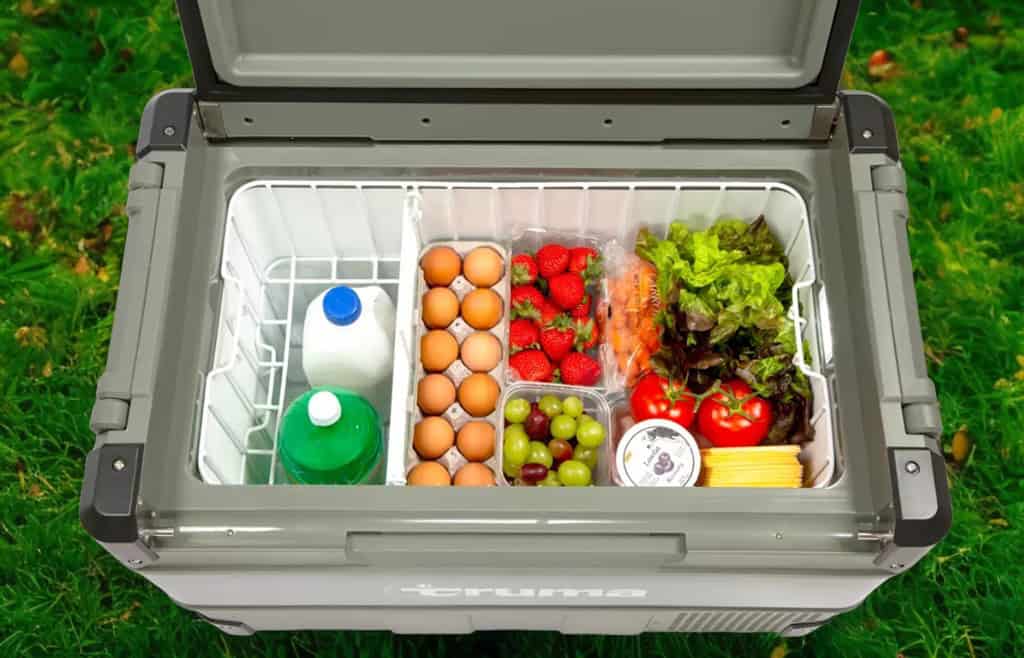 Offene Kühlbox mit sortierten Lebensmitteln in verschiedenen Körben