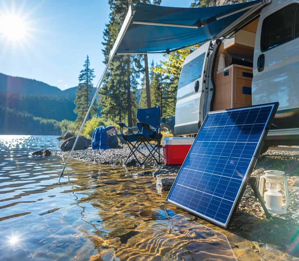 Vanlife mit faltbarem Solarpanel am See