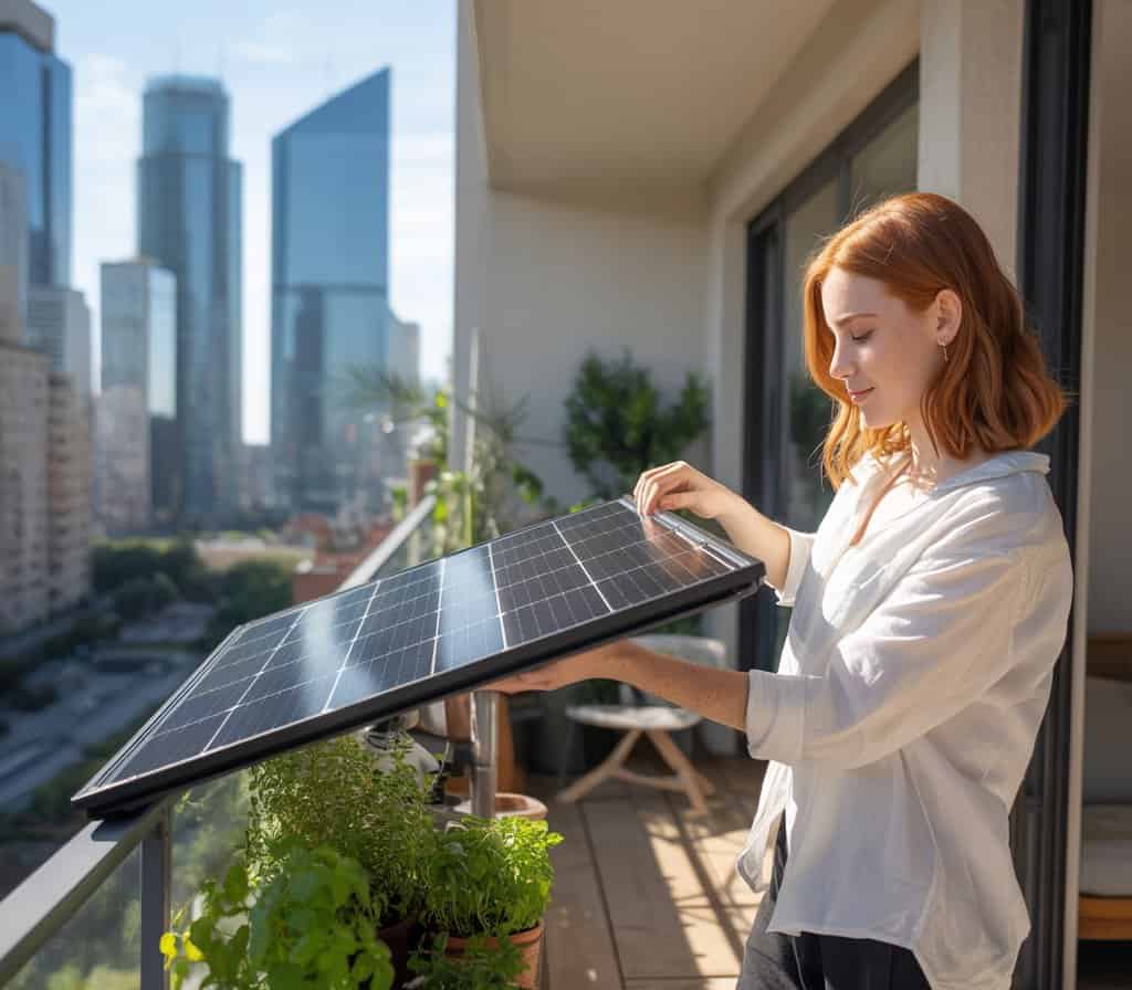 Junge Frau richtet ein faltbares Solarpanel auf einem Balkon mit Blick auf moderne Hochhäuser aus
