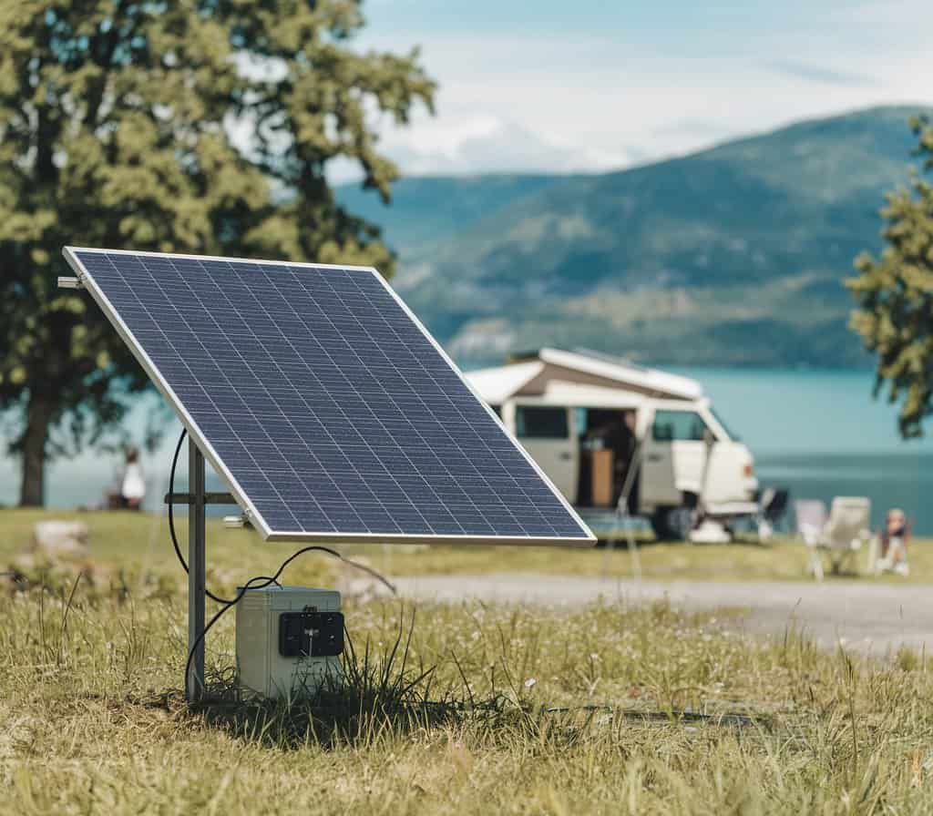Faltbares Solarpanel mit See und Wohnmobil im Hintergrund beim Camping
