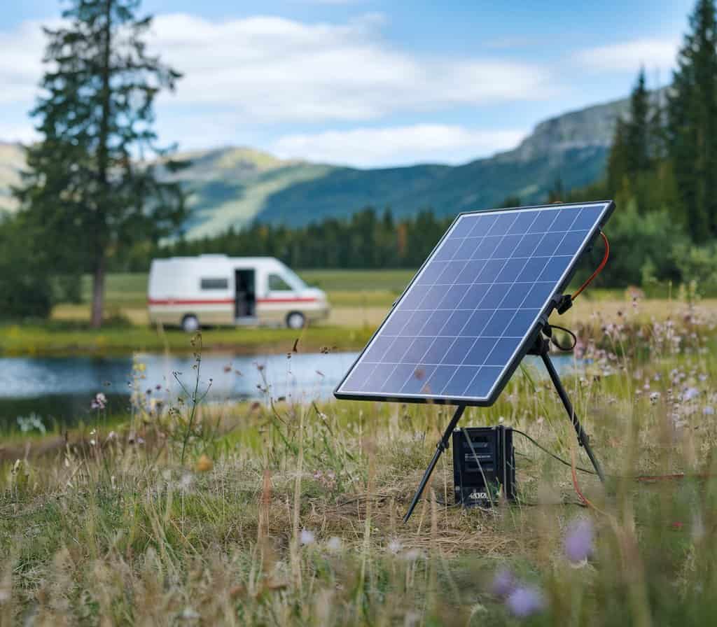 Faltbares Solarpanel in der Sonne mit Van und See im Hintergrund
