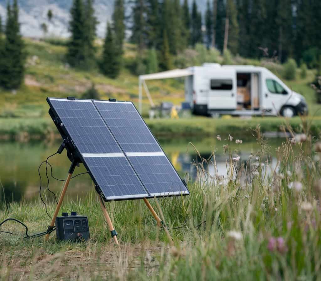 Faltbares Solarpanel vor See, Camper und Bergen – Vanlife pur