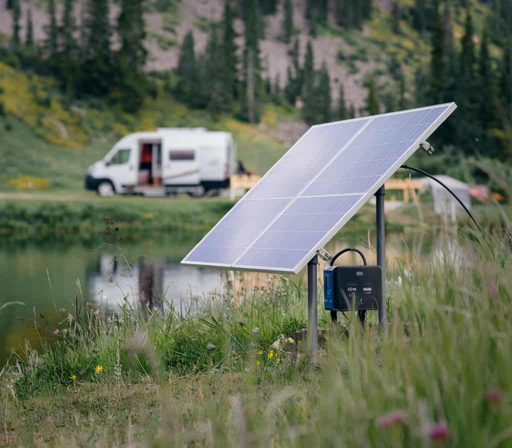 Detailansicht eines faltbaren Solarpanels am See beim Camping