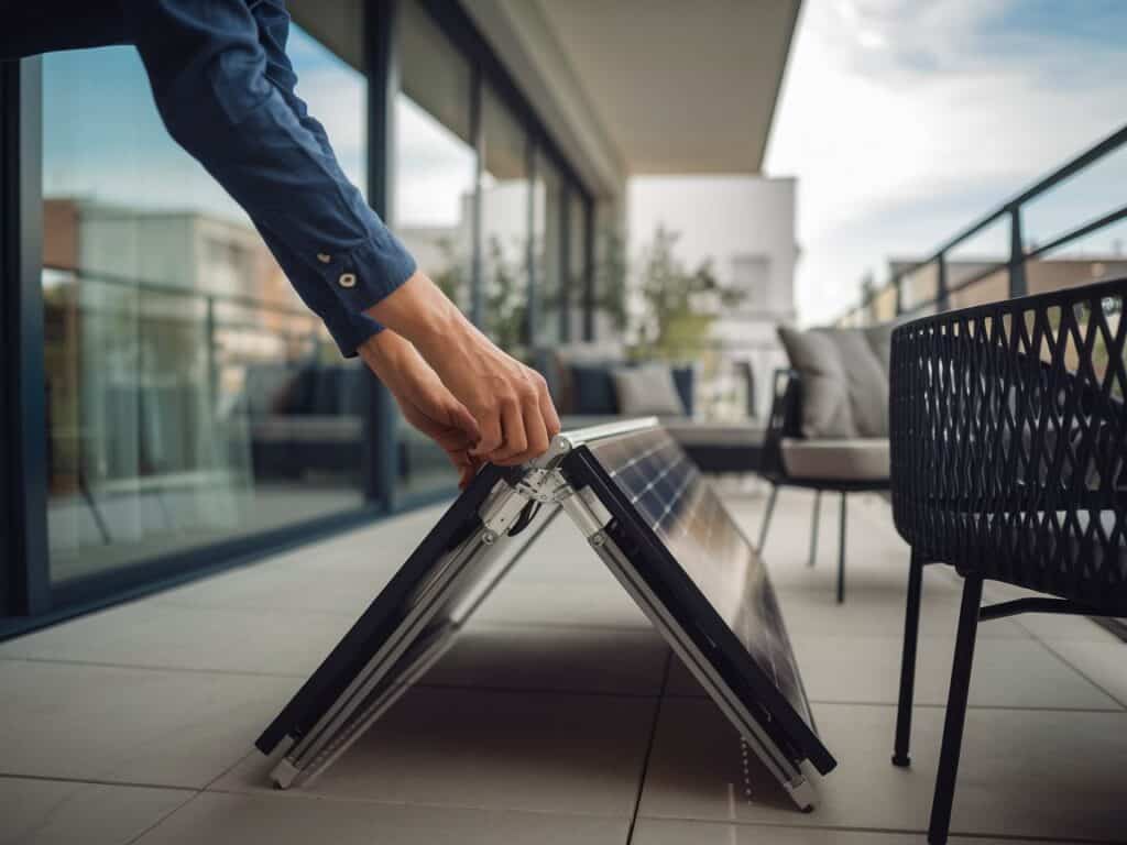 Mann richtet ein faltbares Solarpanel auf einem modernen Balkon aus