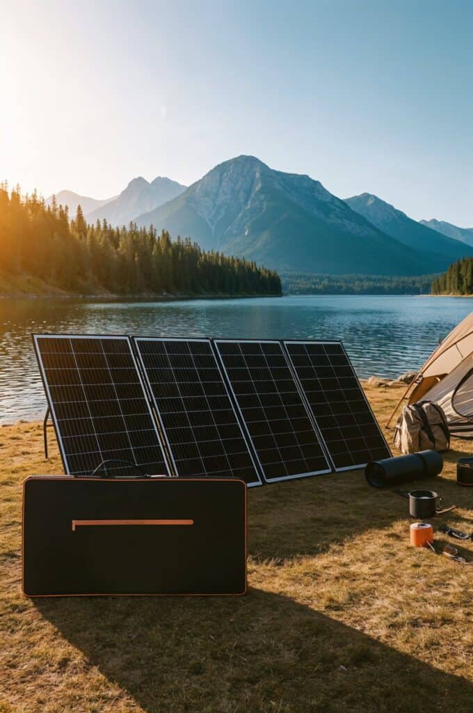 faltbares solarpanel beim Outdoor Camping am Bergsee