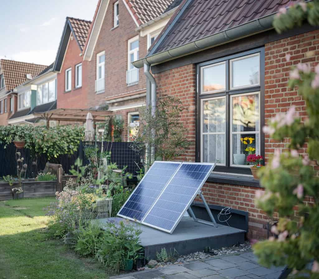 Faltbares Solarpanel auf einer erhöhten Plattform im Garten eines Backsteinhauses