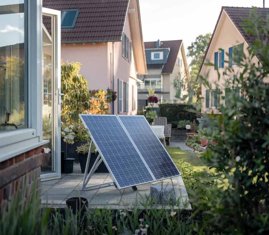 Faltbares Solarpanel steht auf der Terrasse eines Einfamilienhauses im Grünen